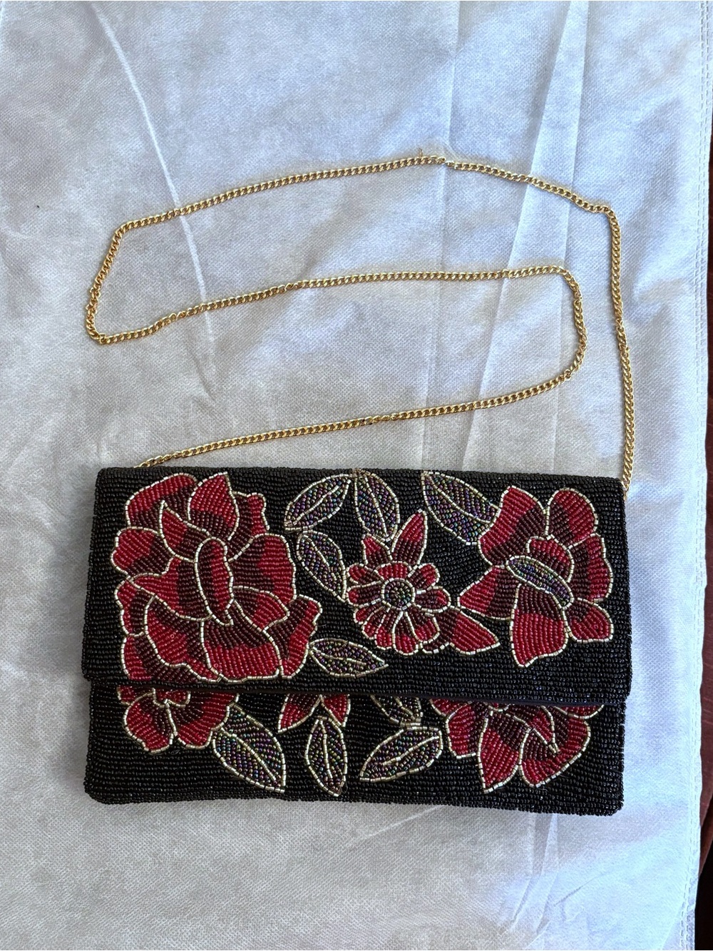 POL Black Crossbody Bag with Red and White Floral Beadwork